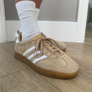 Adidas Gazelle Indoor Sneakers, Women’s, Magic Beige and White Suede